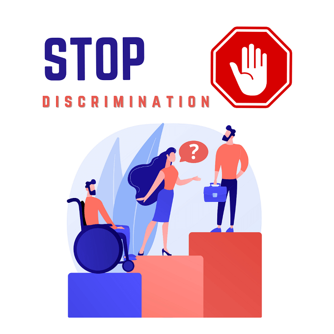 Letrero "Stop discrimination" traduccido "Basta de Discriminar"